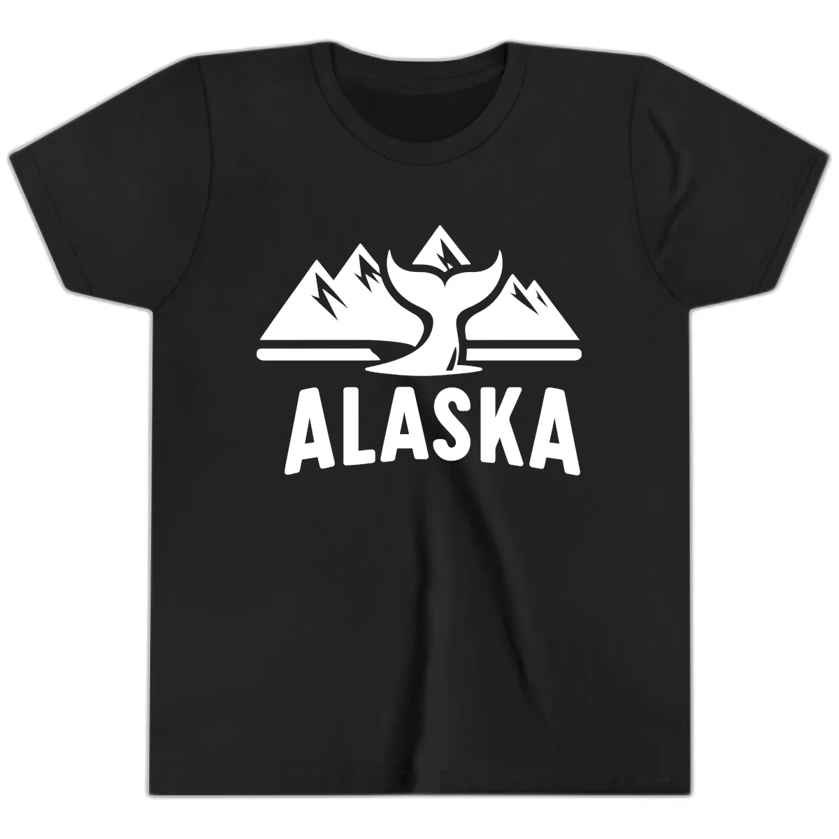 Alaska Mountains Whale Tail Scenic Design Youth T-Shirt in Black