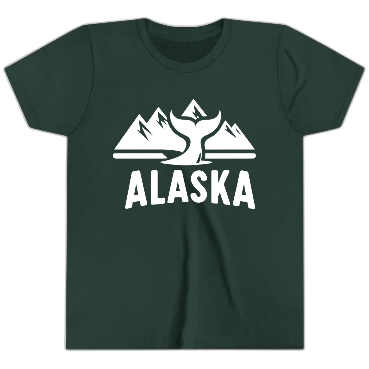 Alaska Mountains Whale Tail Scenic Design Youth T-Shirt in Forest