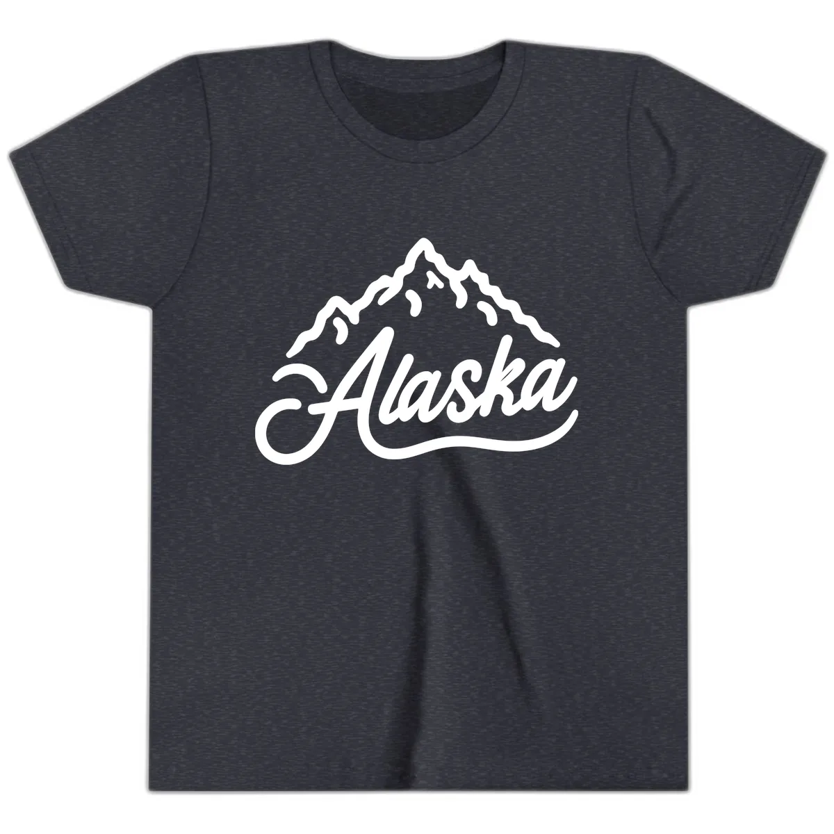 Alaska Mountain Script Wordmark Youth T-Shirt in Heather Navy