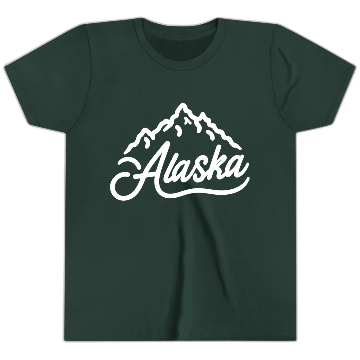Alaska Mountain Script Wordmark Youth T-Shirt in Forest