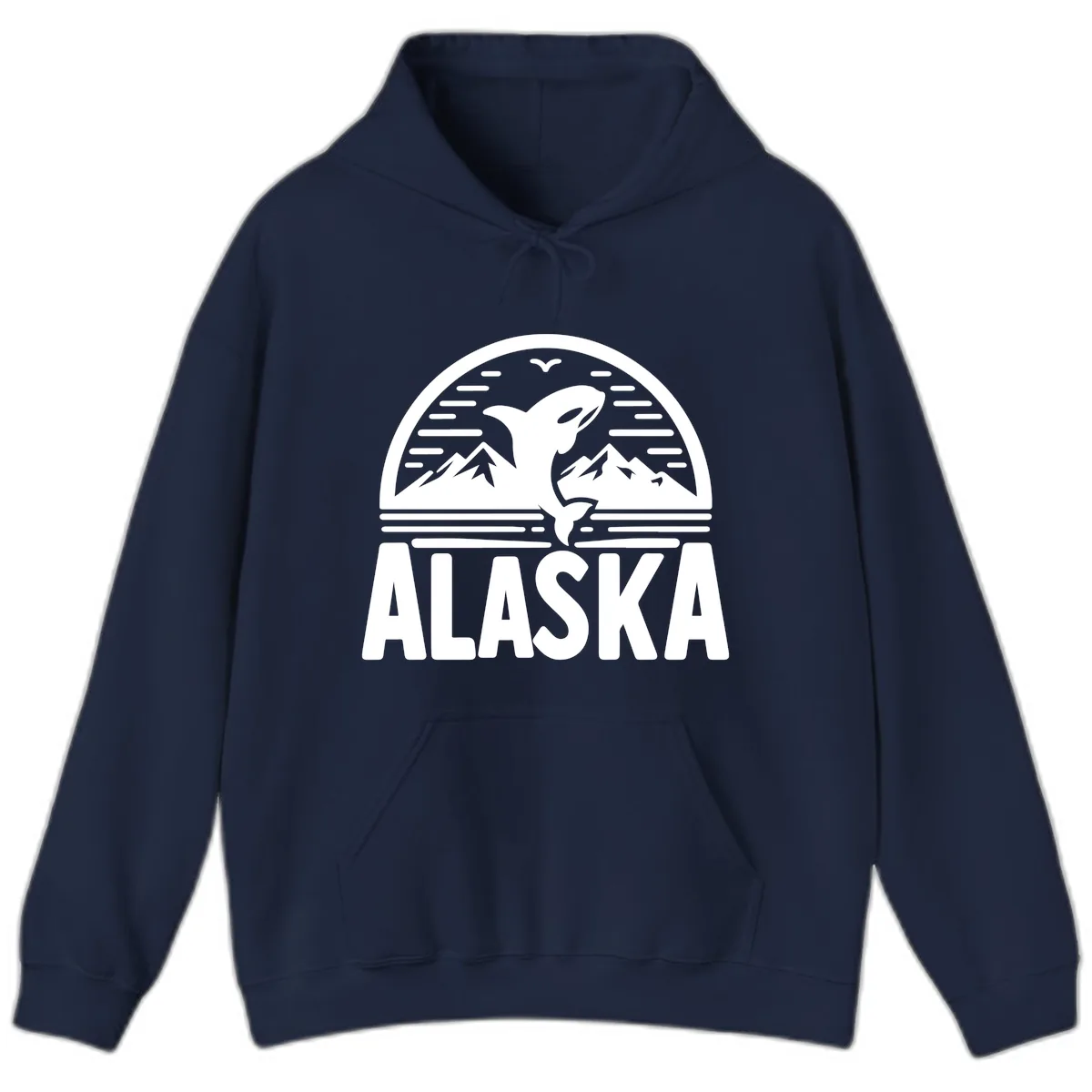 Alaska Orca and Mountain Landscape Hoodie in Navy