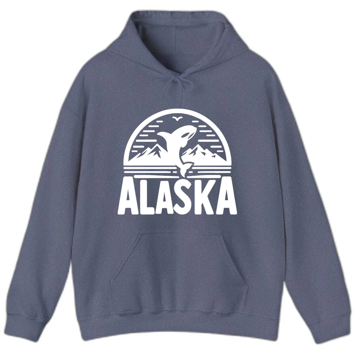 Alaska Orca and Mountain Landscape Hoodie in Heather Navy