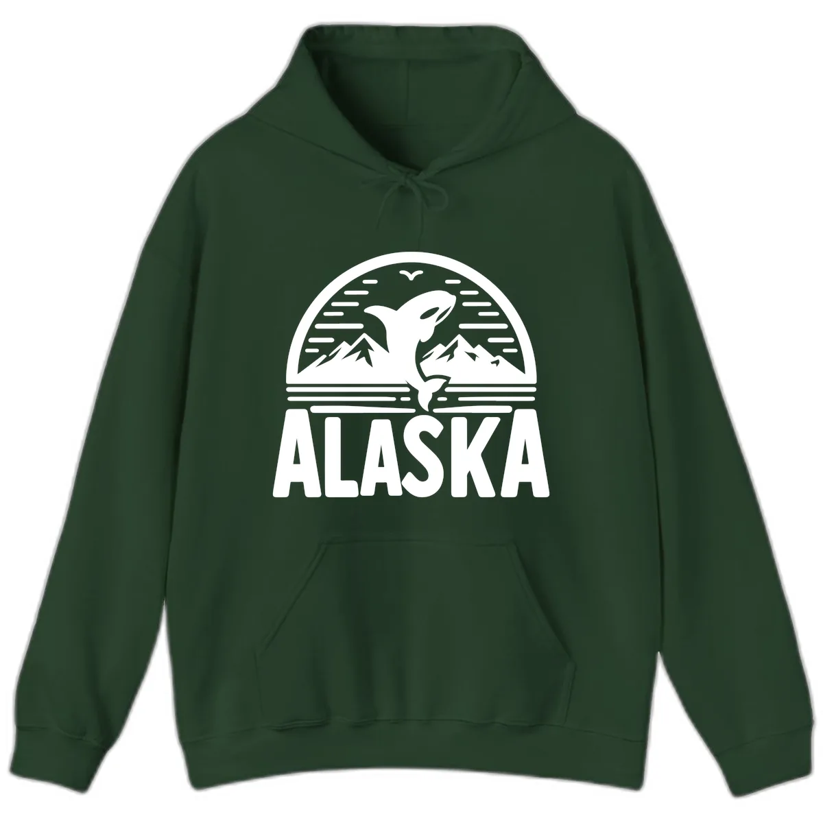Alaska Orca and Mountain Landscape Hoodie in Forest Green
