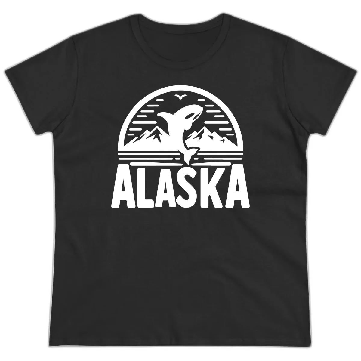 Alaska Orca and Mountain Landscape Ladies Tee in Black