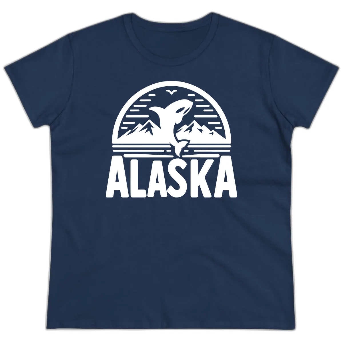 Alaska Orca and Mountain Landscape Ladies Tee in Navy