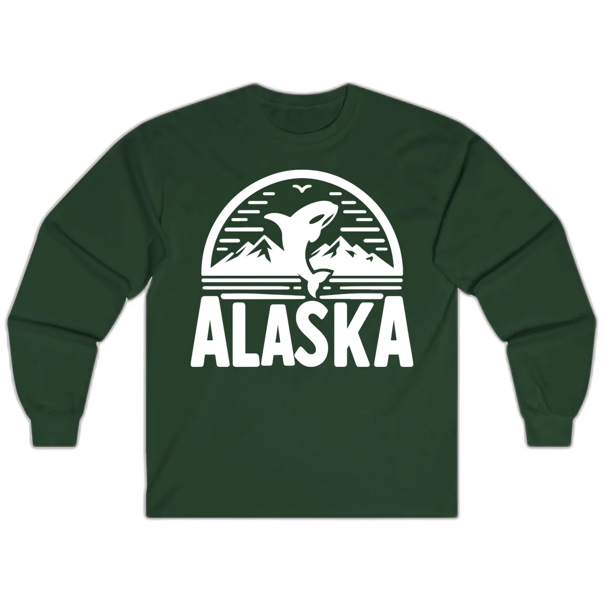 Alaska Orca and Mountain Landscape Long Sleeve in Forest Green