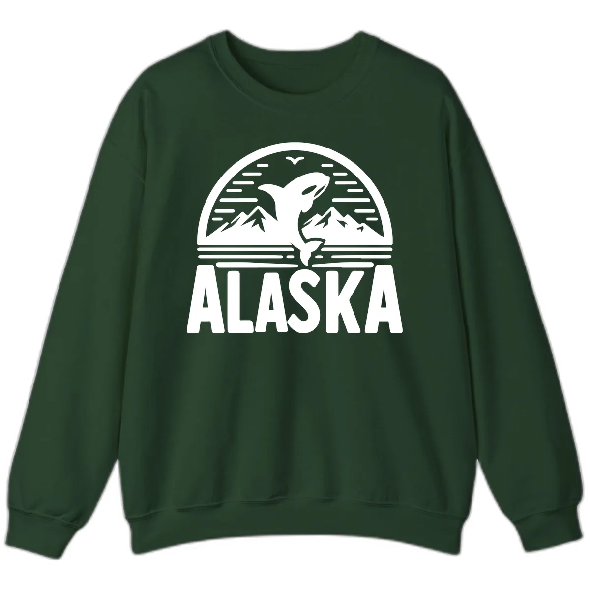 Alaska Orca and Mountain Landscape Sweatshirt in Forest Green