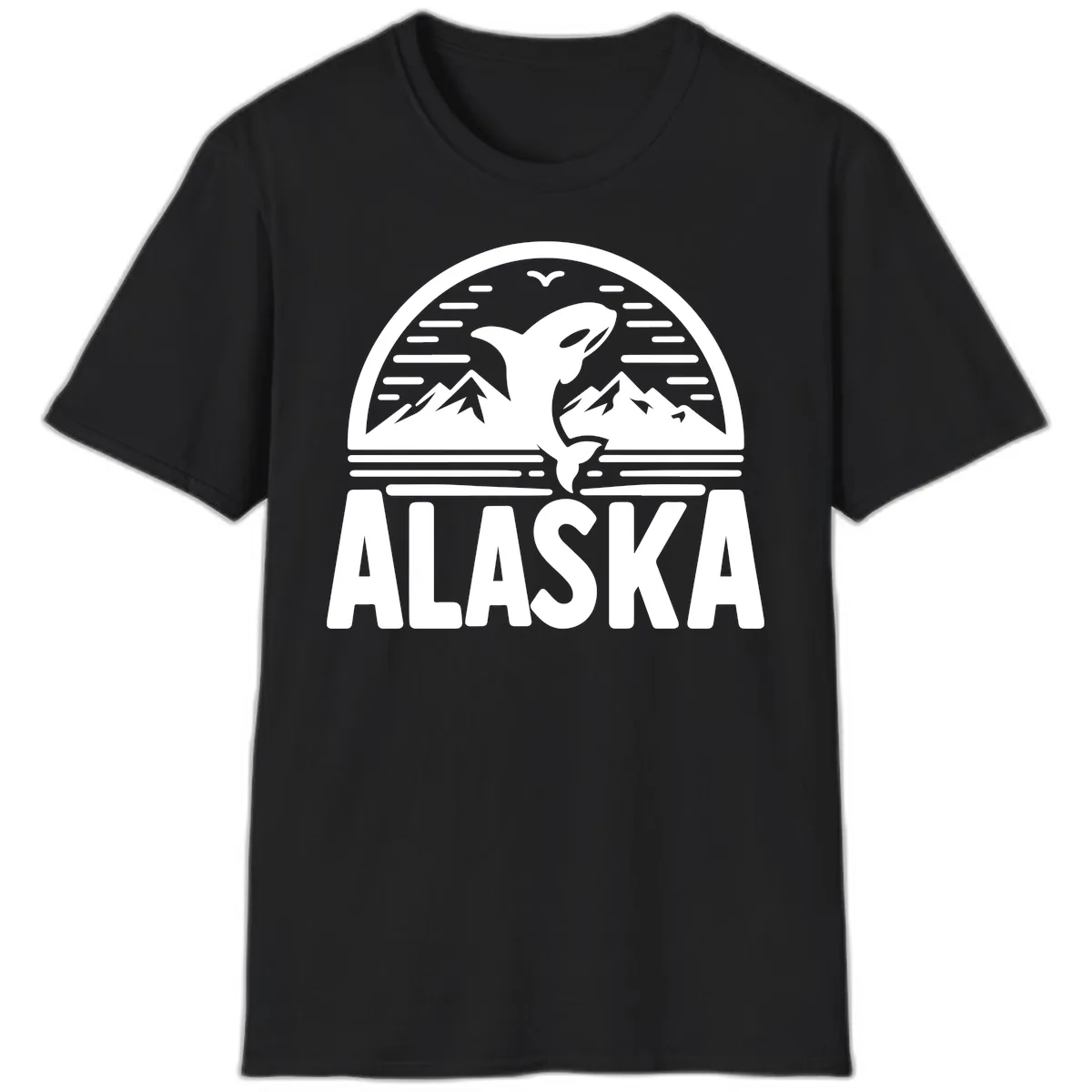 Alaska Orca and Mountain Landscape T-Shirt in Black