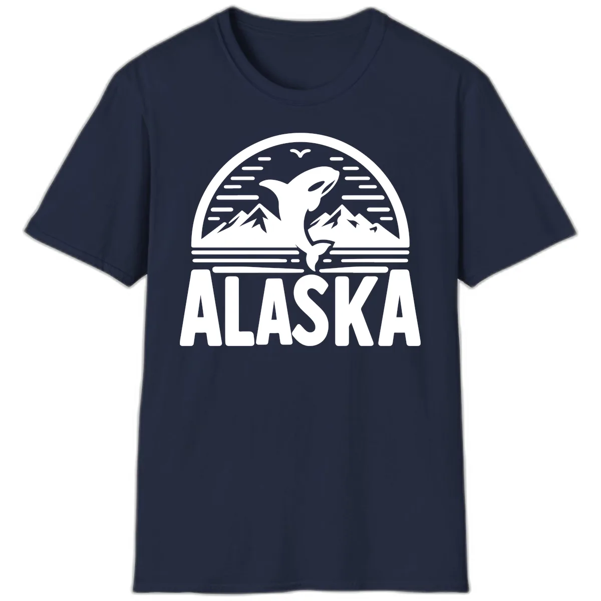 Alaska Orca and Mountain Landscape T-Shirt in Navy