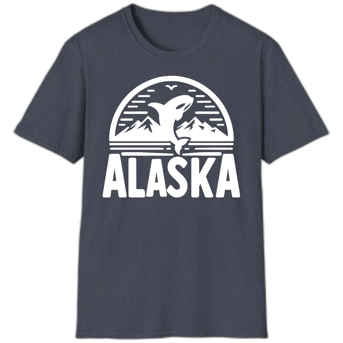 Alaska Orca and Mountain Landscape T-Shirt in Heather Navy