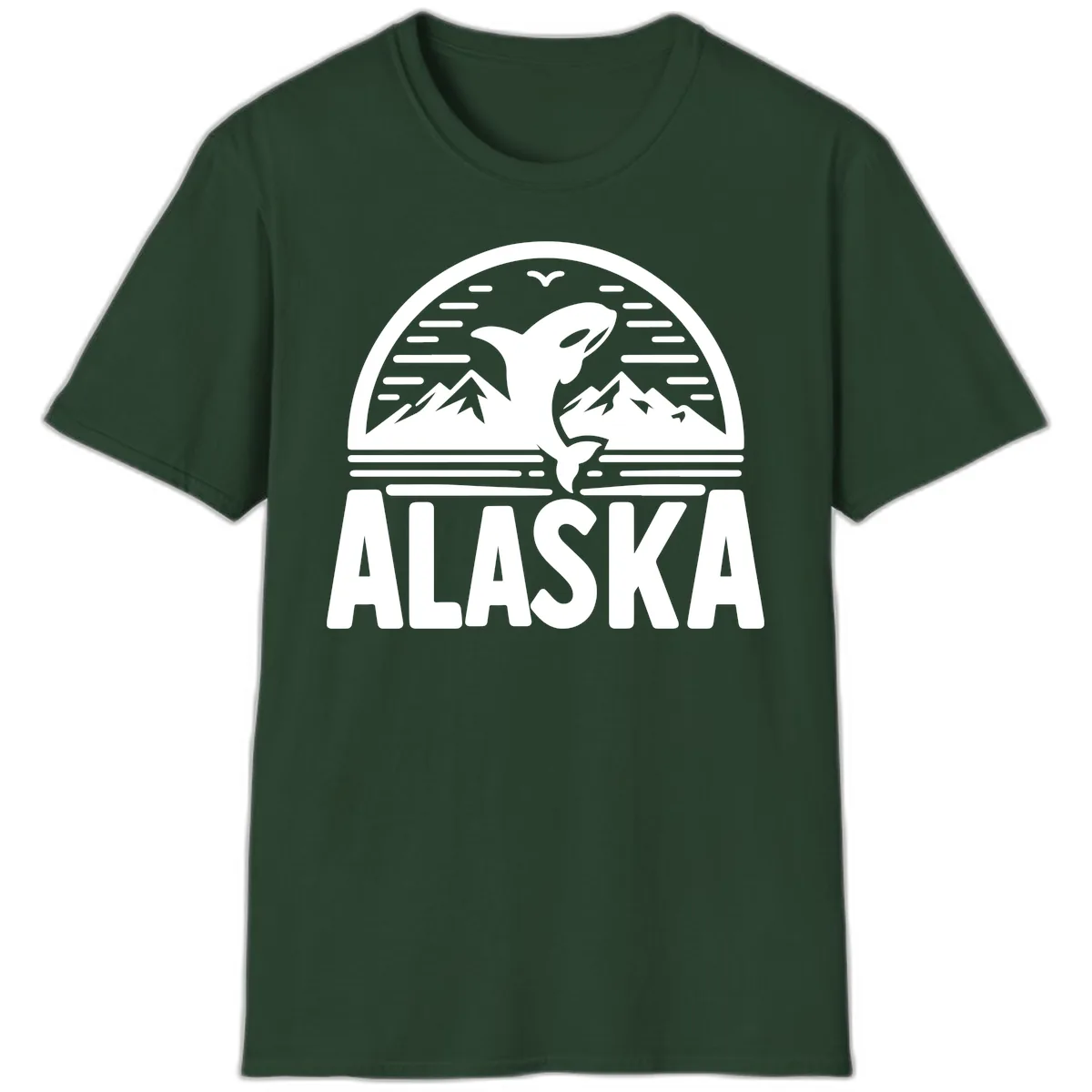 Alaska Orca and Mountain Landscape T-Shirt in Forest Green
