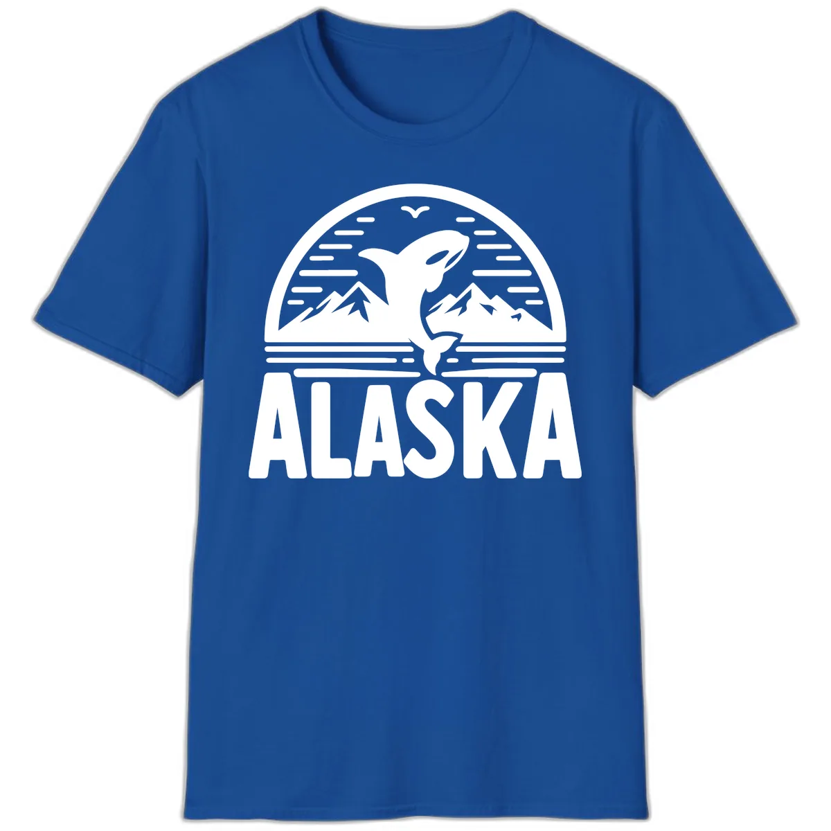 Alaska Orca and Mountain Landscape T-Shirt in Royal