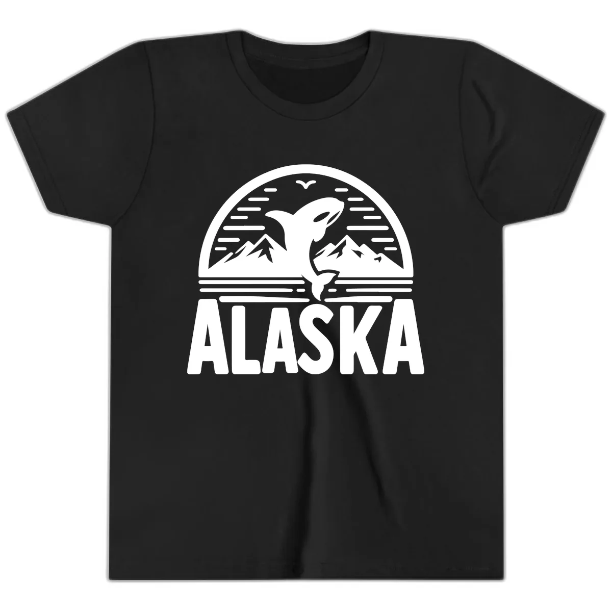 Alaska Orca and Mountain Landscape Youth T-Shirt in Black
