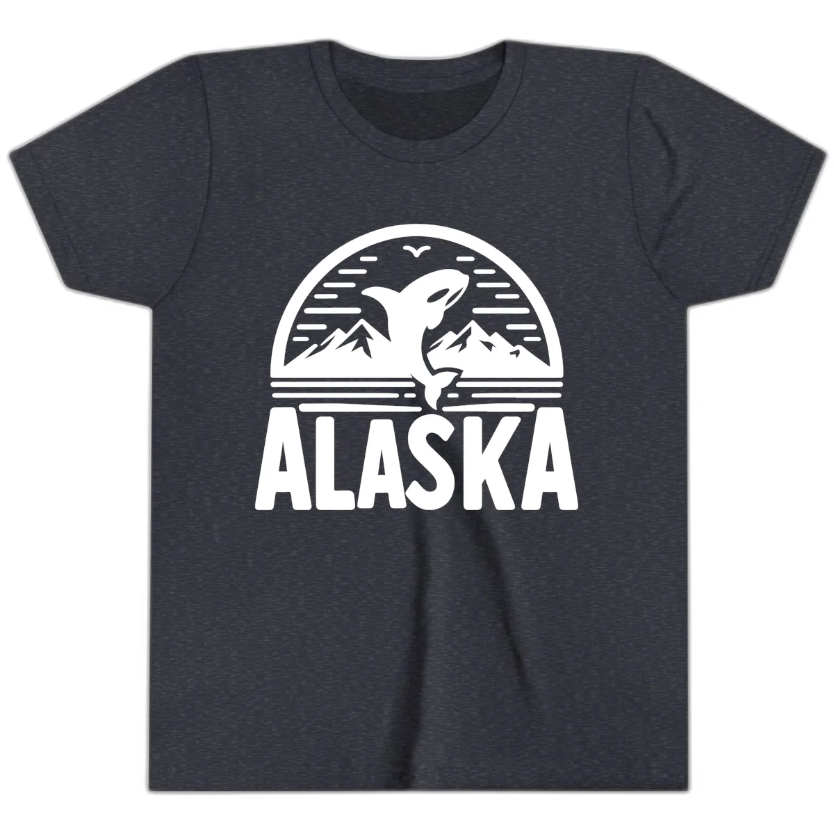 Alaska Orca and Mountain Landscape Youth T-Shirt in Heather Navy