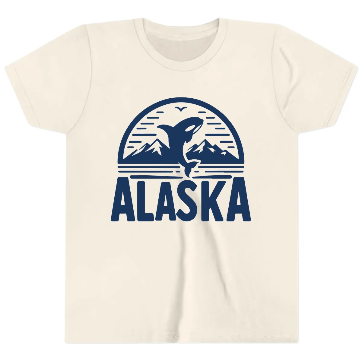 Alaska Orca and Mountain Landscape Youth T-Shirt in Natural
