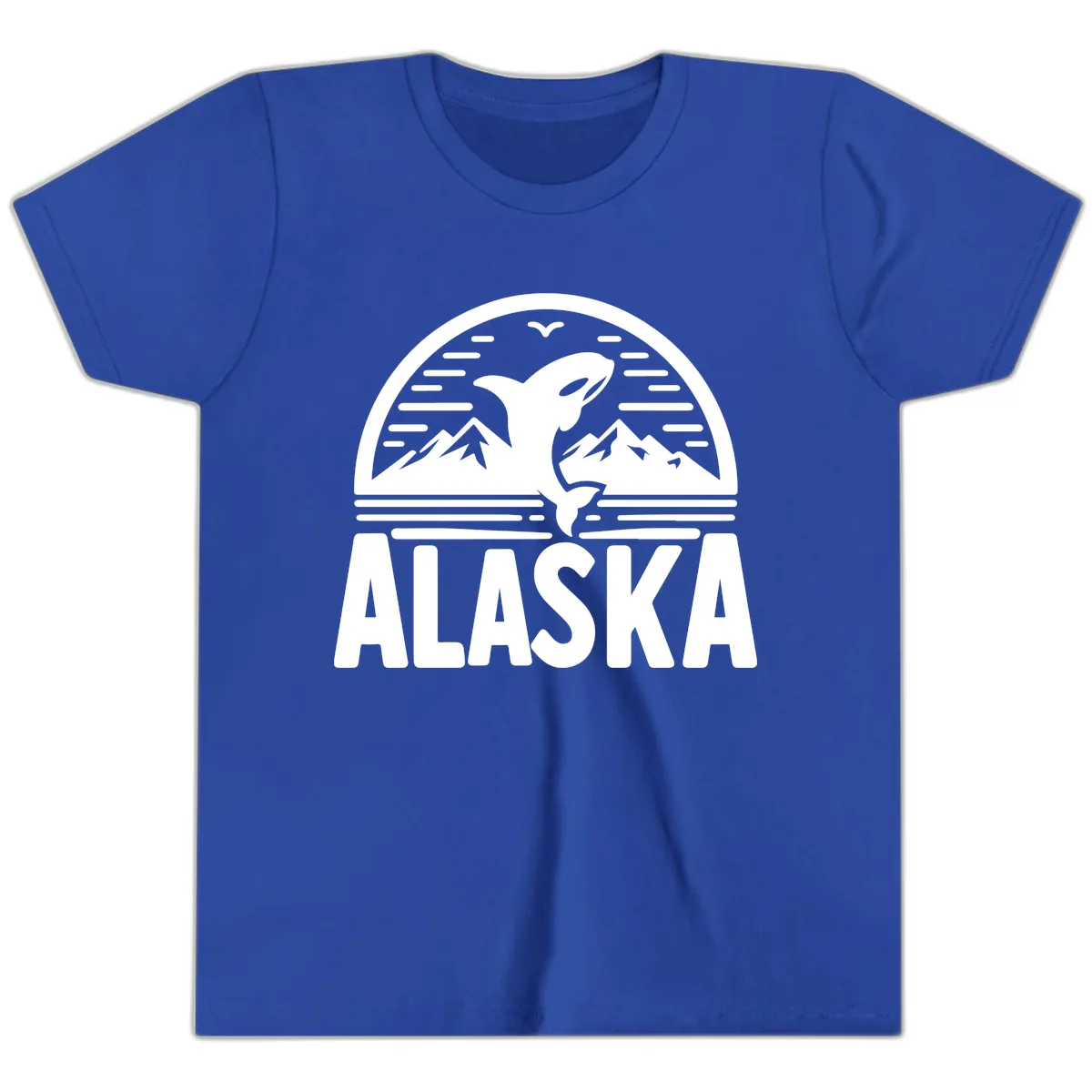Alaska Orca and Mountain Landscape Youth T-Shirt in True Royal