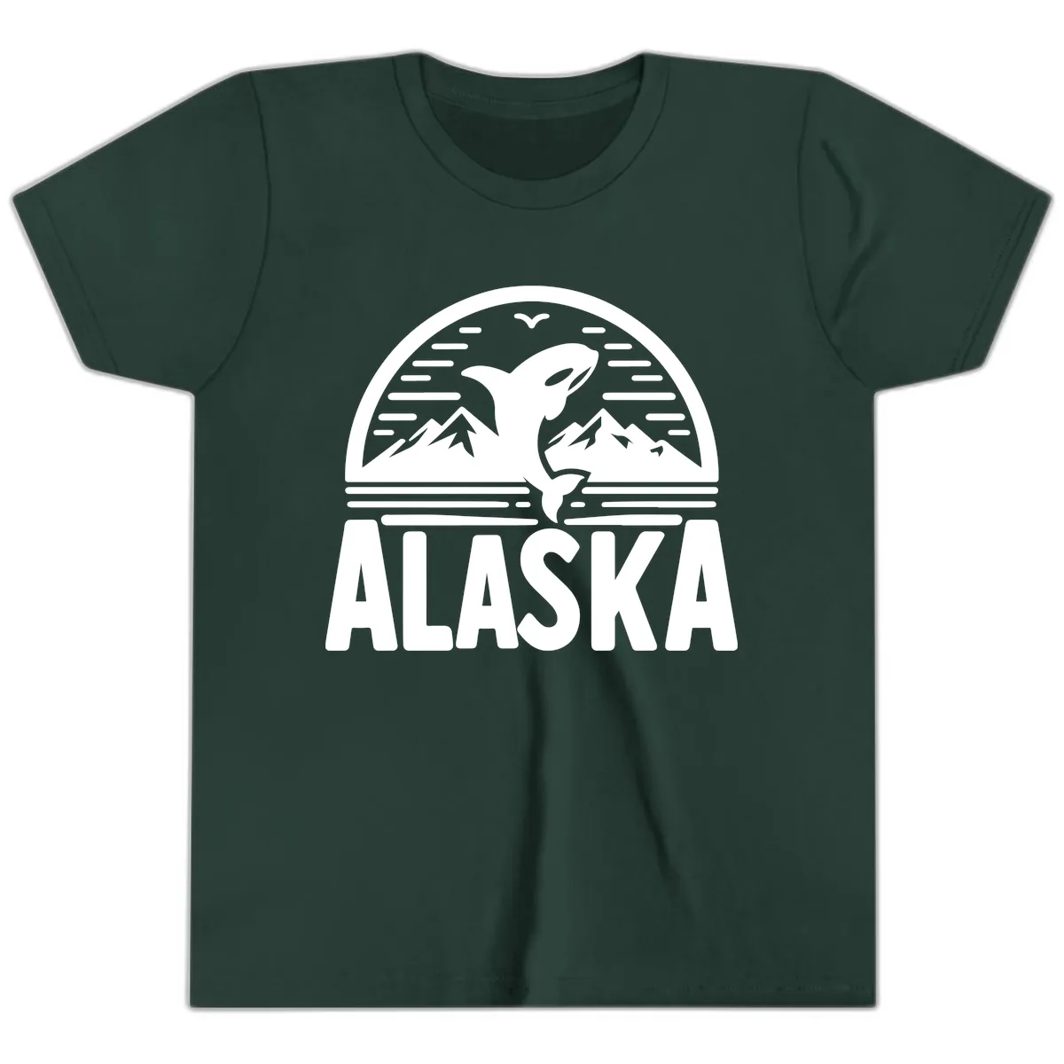 Alaska Orca and Mountain Landscape Youth T-Shirt in Forest