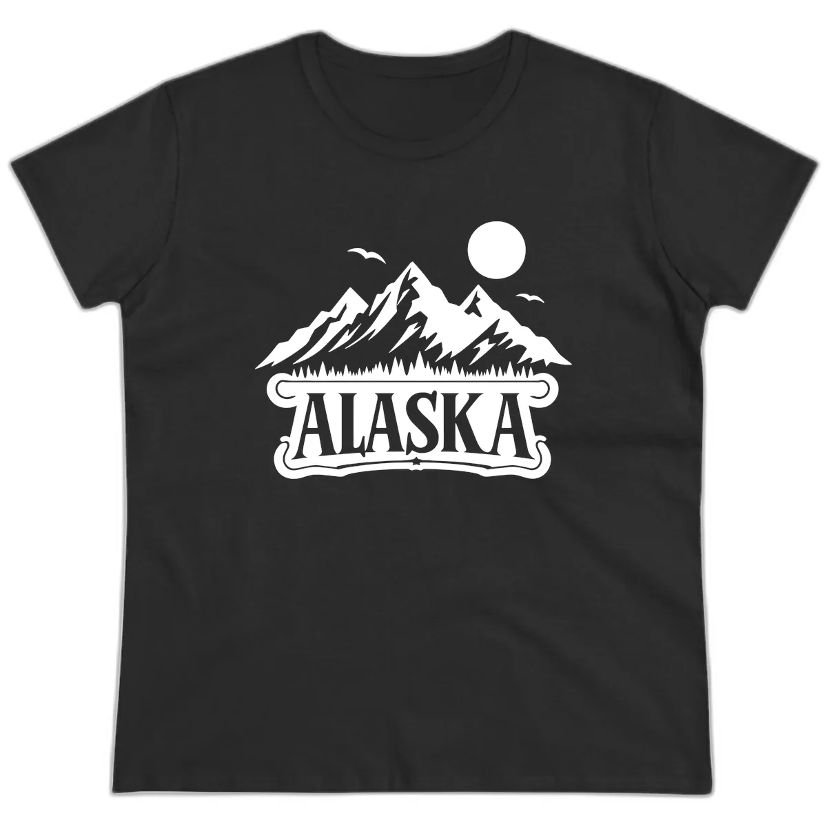 Alaska Mountain Range and Forest Scenic Ladies Tee in Black