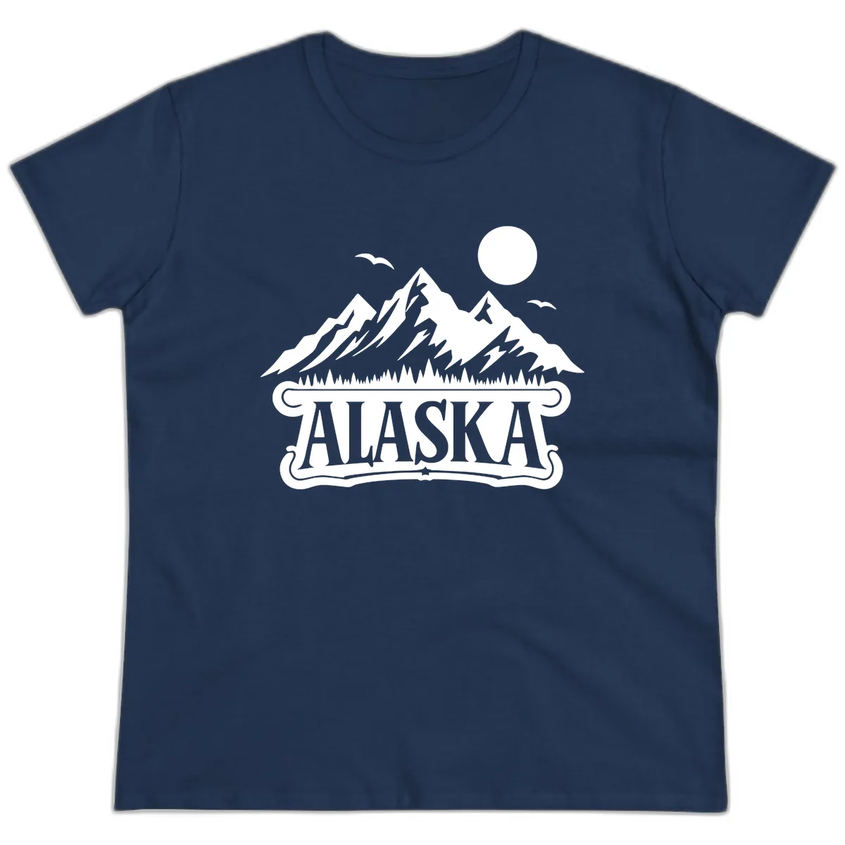 Alaska Mountain Range and Forest Scenic Ladies Tee in Navy