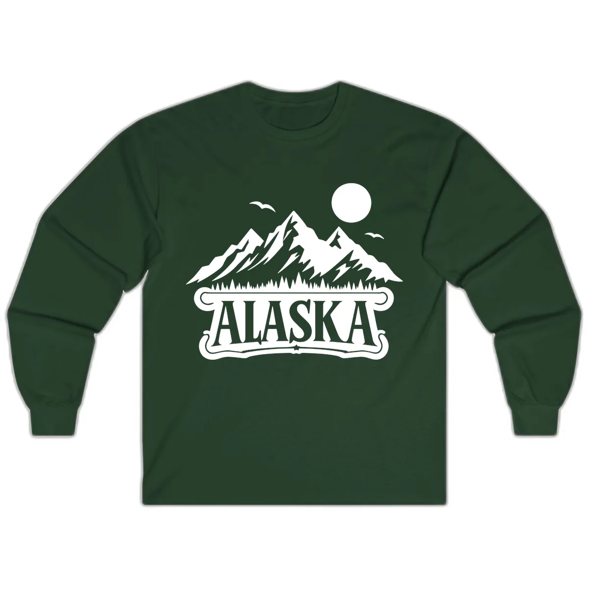 Alaska Mountain Range and Forest Scenic Long Sleeve in Forest Green