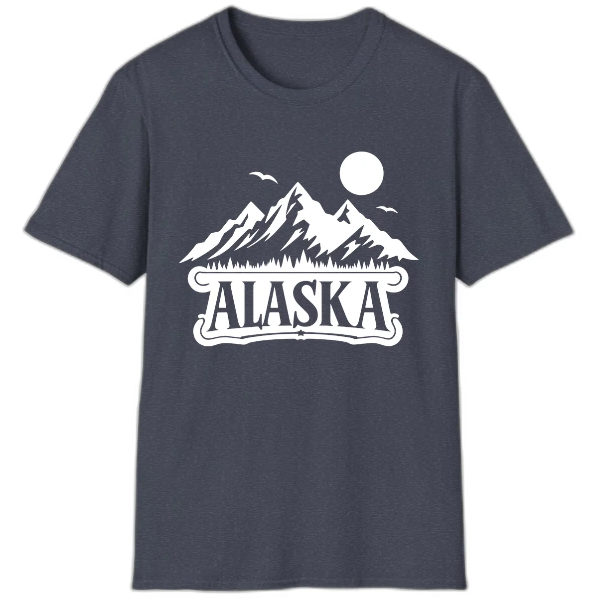 Alaska Mountain Range and Forest Scenic T-Shirt in Heather Navy