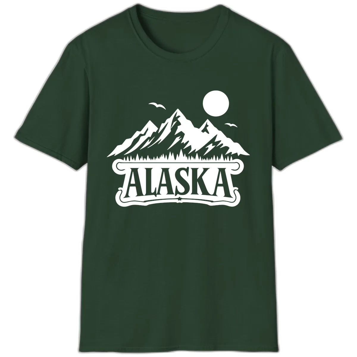 Alaska Mountain Range and Forest Scenic T-Shirt in Forest Green