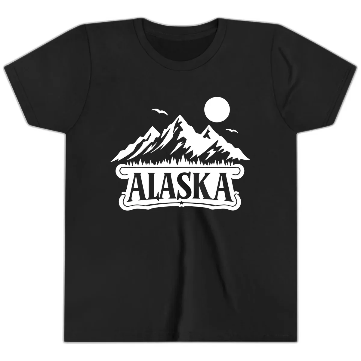 Alaska Mountain Range and Forest Scenic Youth T-Shirt in Black