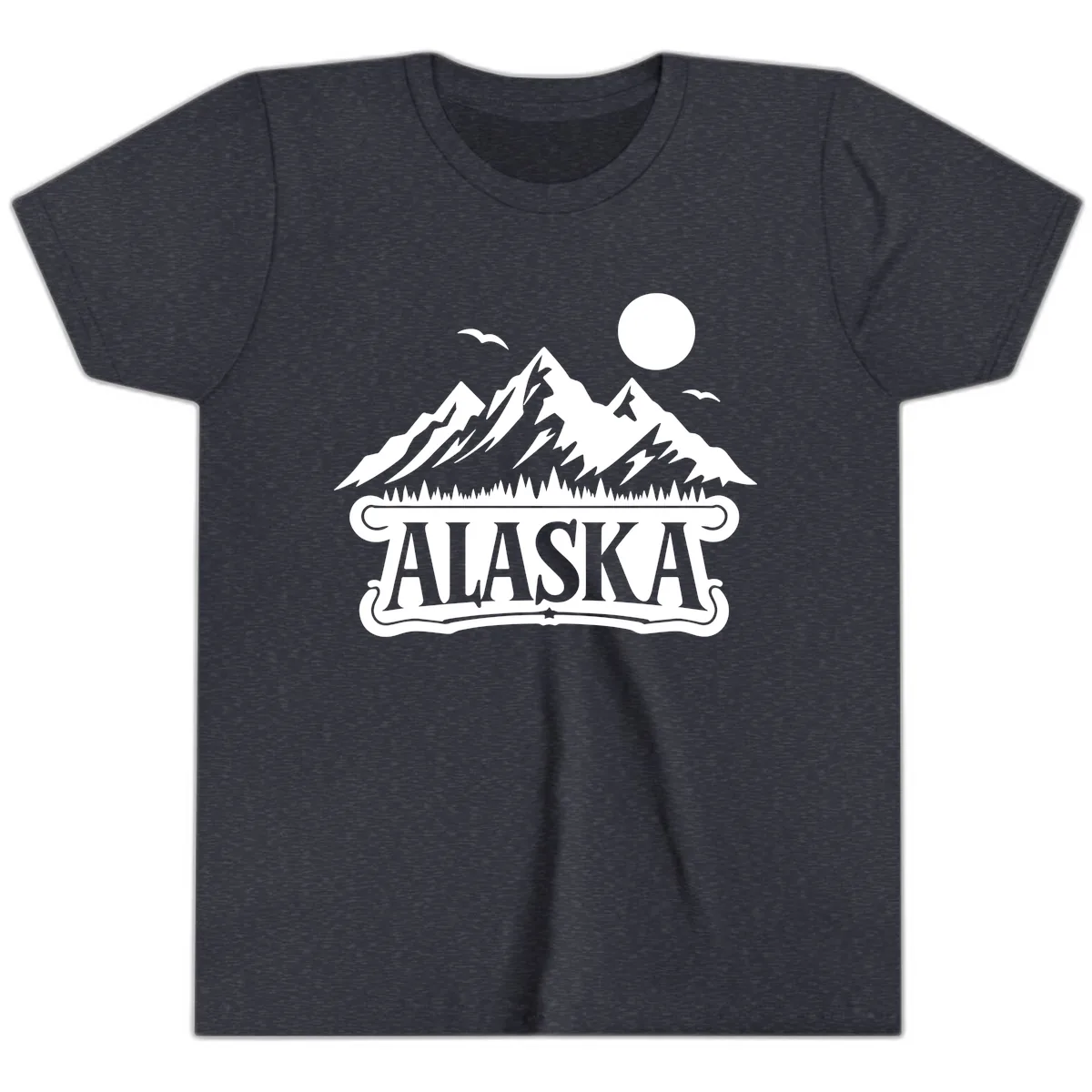 Alaska Mountain Range and Forest Scenic Youth T-Shirt in Heather Navy