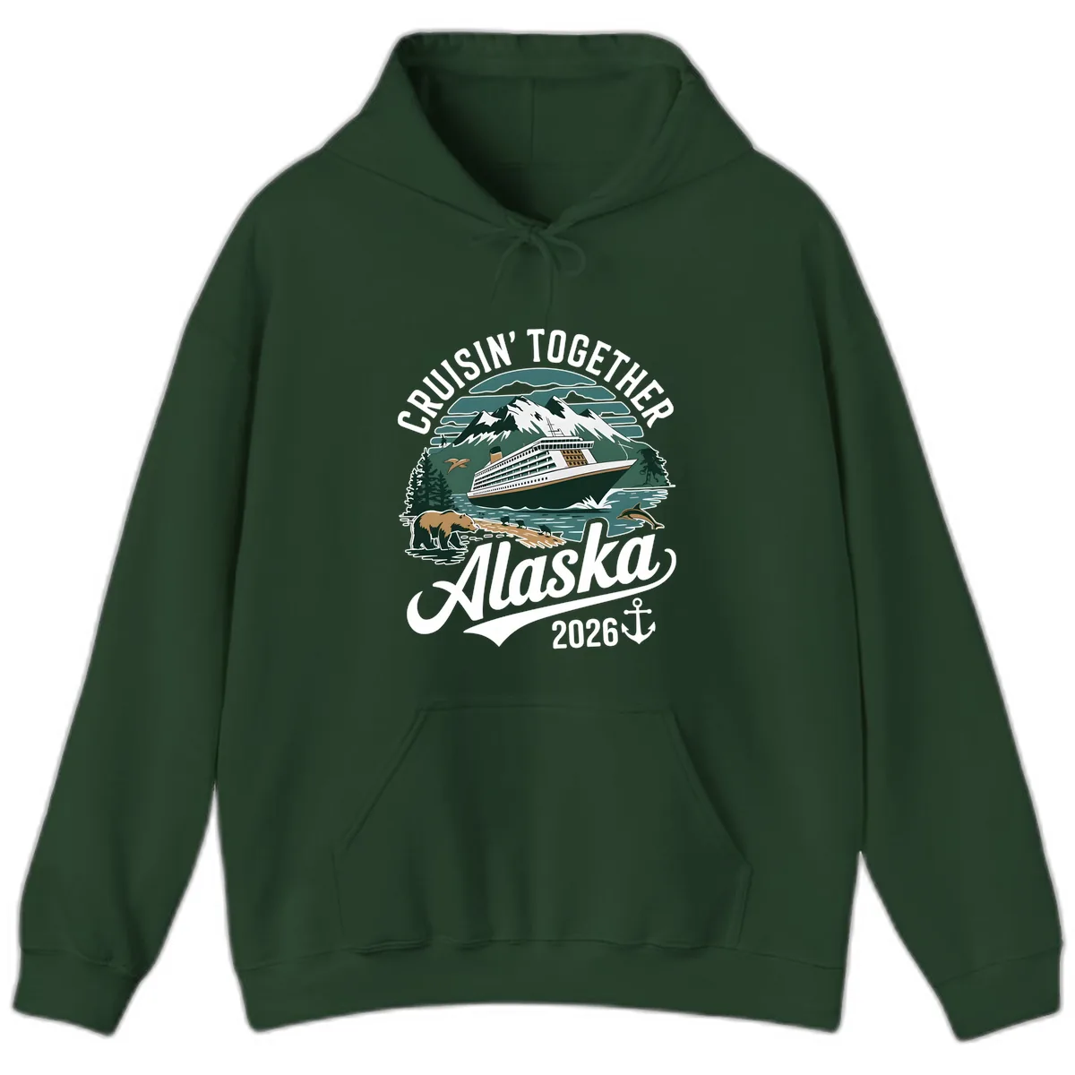 Cruisin' Together Alaska 2026 Ship & Wildlife Hoodie in Forest Green