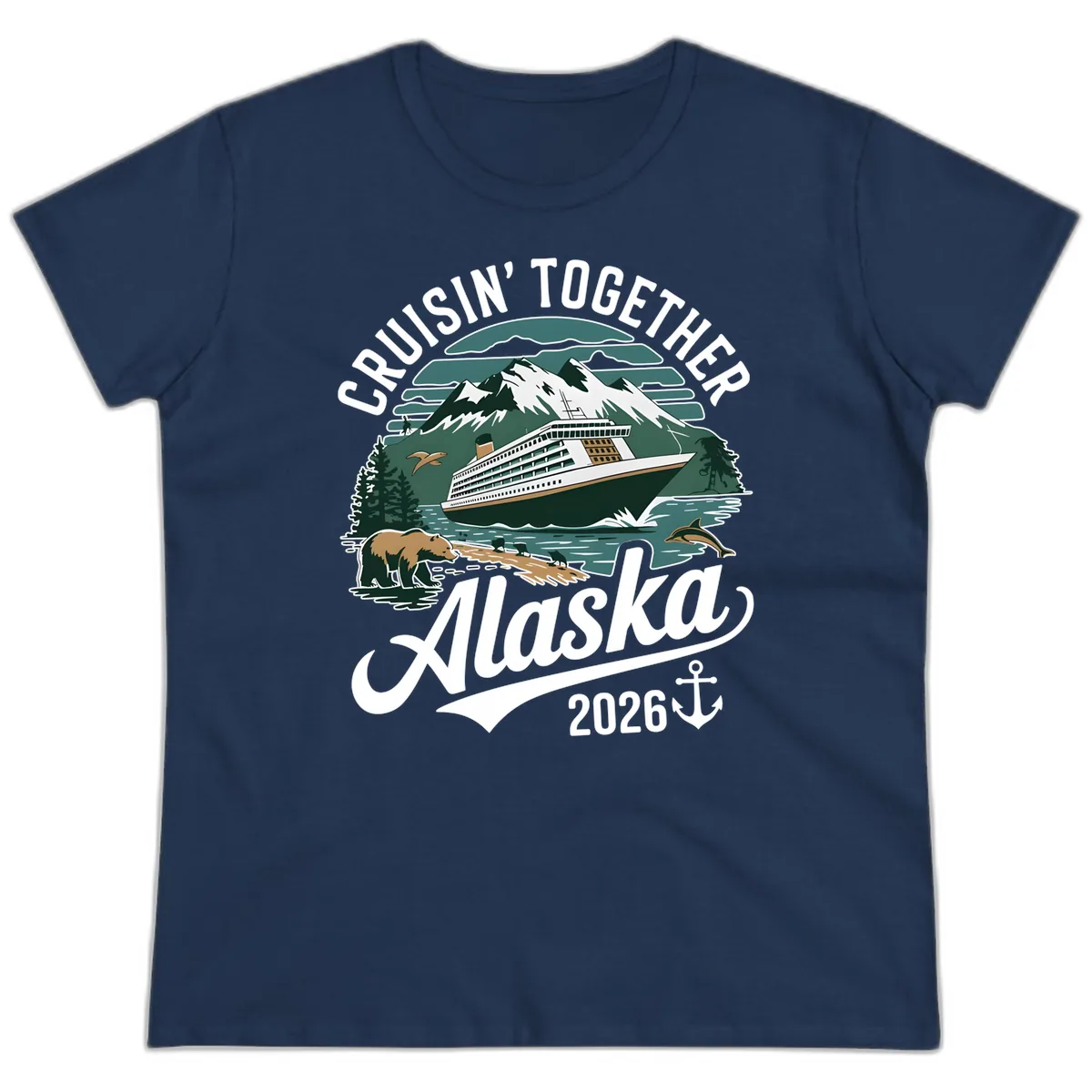 Cruisin' Together Alaska 2026 Ship & Wildlife Ladies Tee in Navy