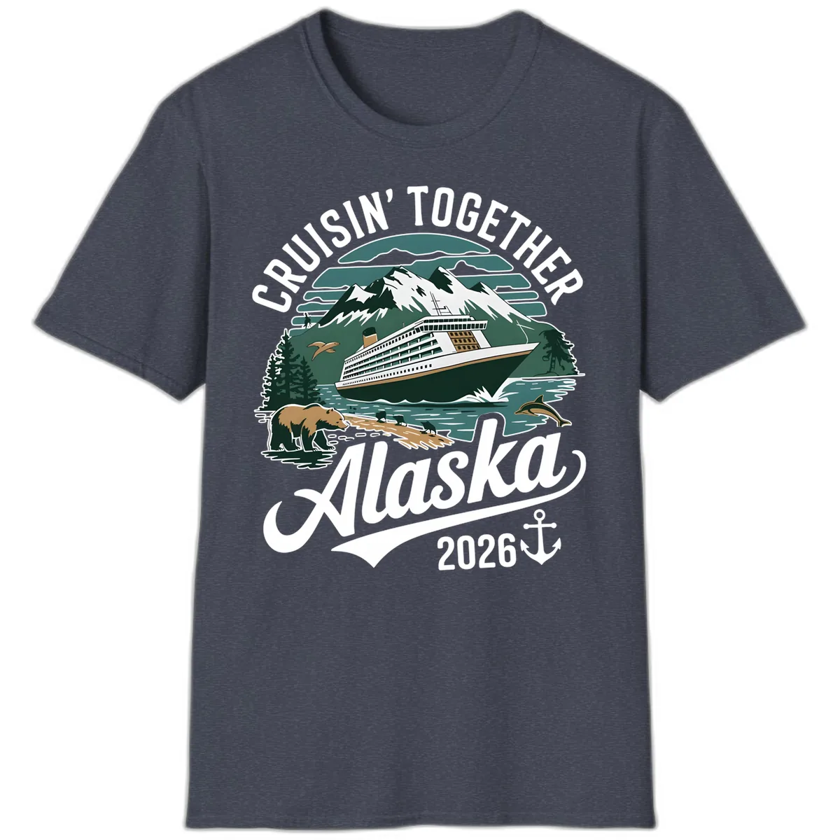 Cruisin' Together Alaska 2026 Ship & Wildlife T-Shirt in Heather Navy