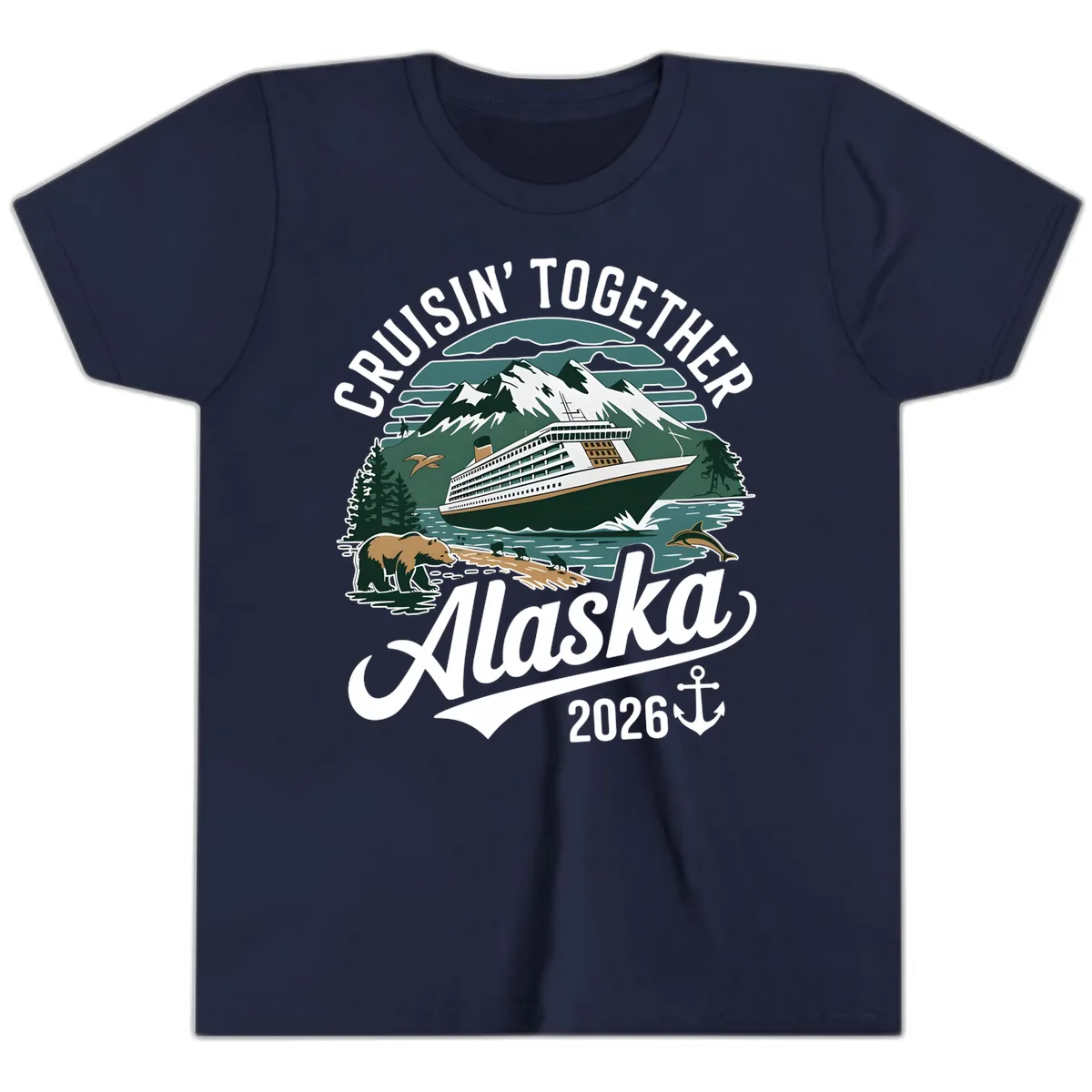 Cruisin' Together Alaska 2026 Ship & Wildlife Youth T-Shirt in Navy