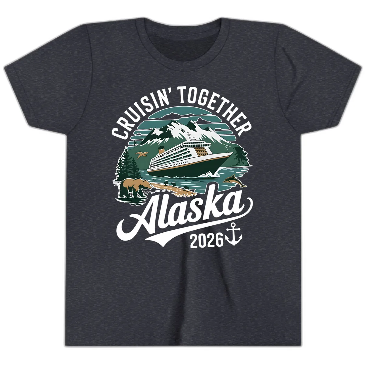 Cruisin' Together Alaska 2026 Ship & Wildlife Youth T-Shirt in Heather Navy