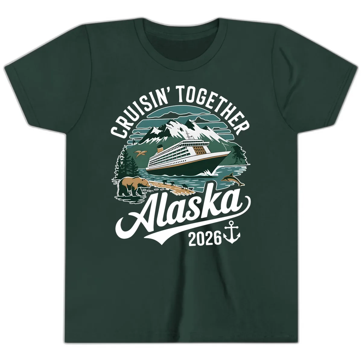Cruisin' Together Alaska 2026 Ship & Wildlife Youth T-Shirt in Forest