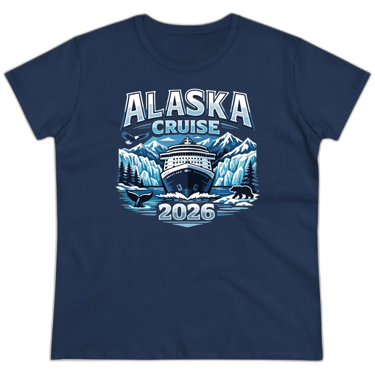 Alaska Cruise Ship and Wildlife Scenic 2026 Ladies Tee in Navy