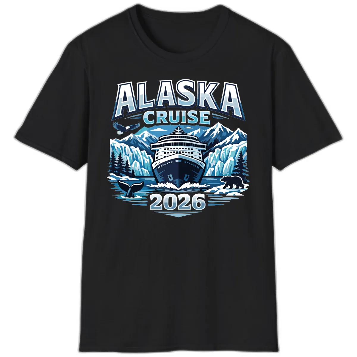 Alaska Cruise Ship and Wildlife Scenic 2026 T-Shirt in Black