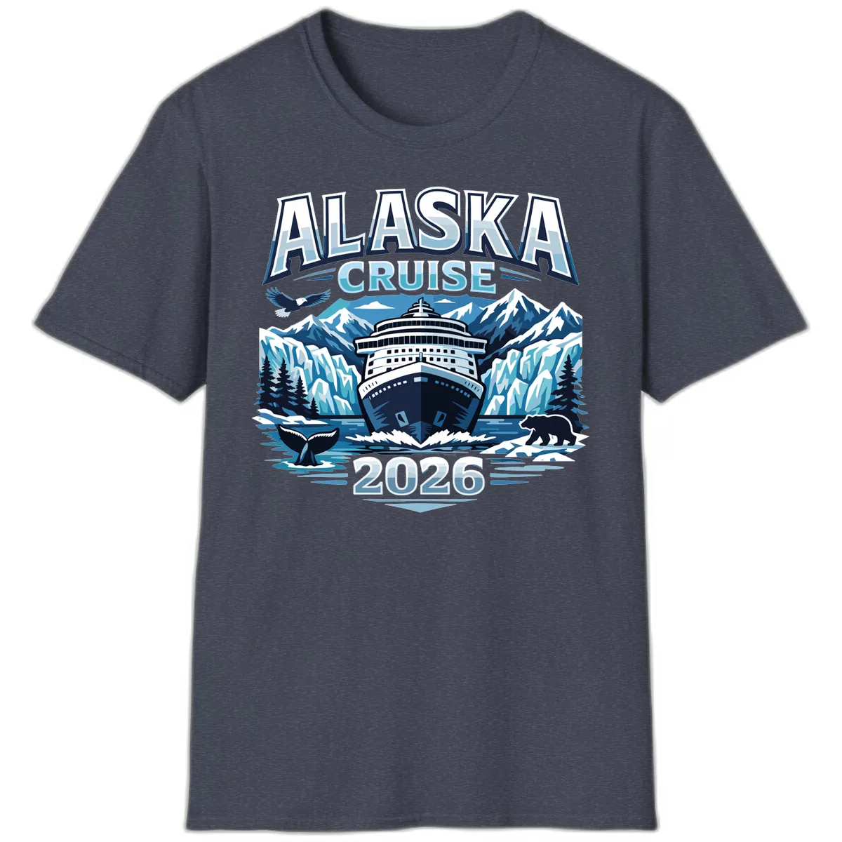 Alaska Cruise Ship and Wildlife Scenic 2026 T-Shirt in Heather Navy