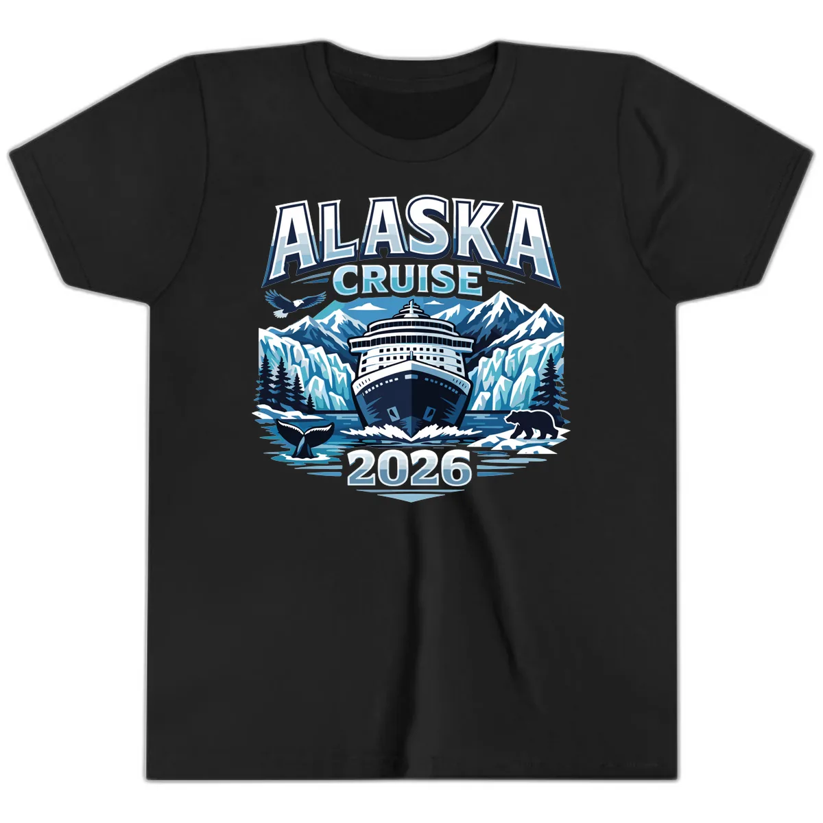 Alaska Cruise Ship and Wildlife Scenic 2026 Youth T-Shirt in Black