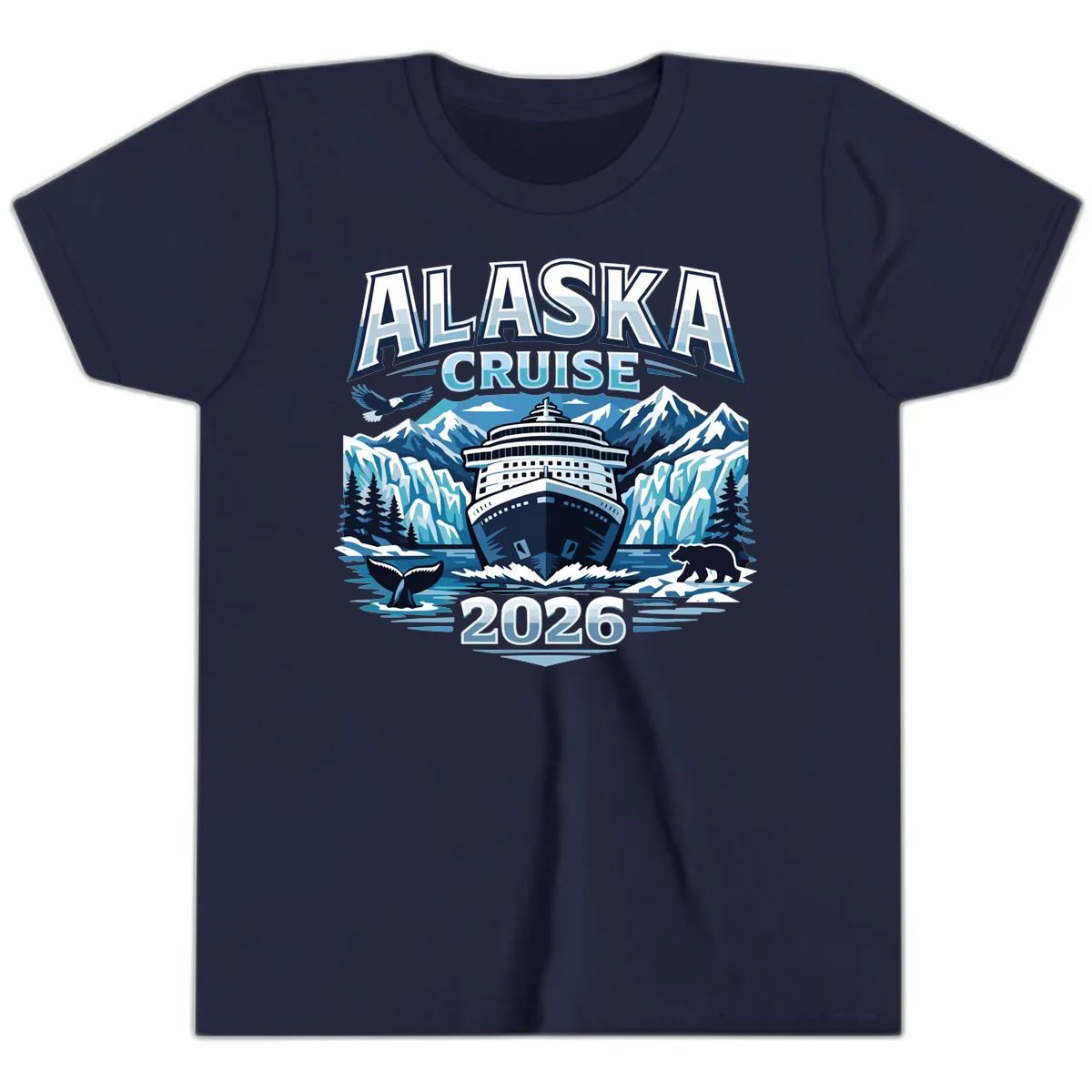 Alaska Cruise Ship and Wildlife Scenic 2026 Youth T-Shirt in Navy
