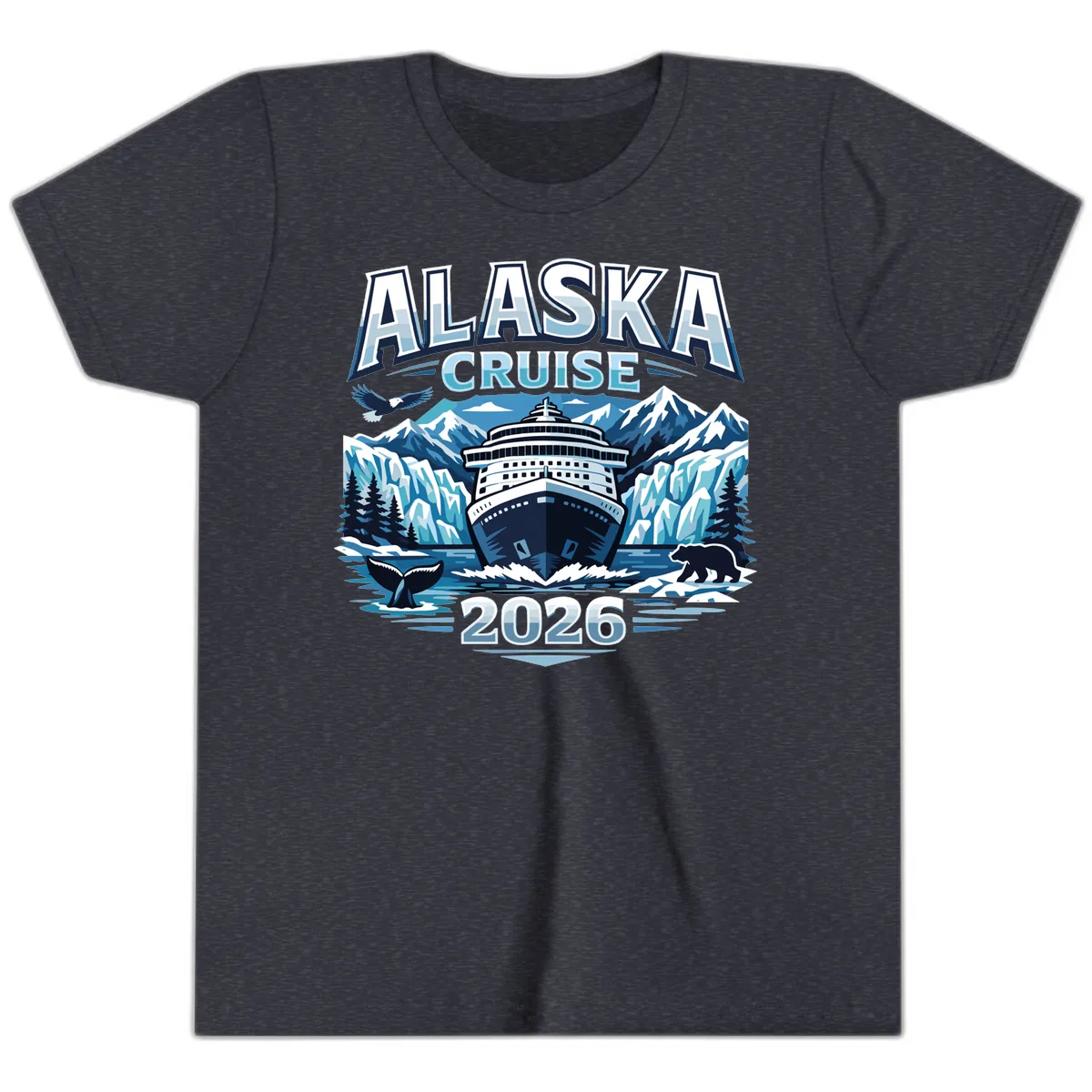Alaska Cruise Ship and Wildlife Scenic 2026 Youth T-Shirt in Heather Navy