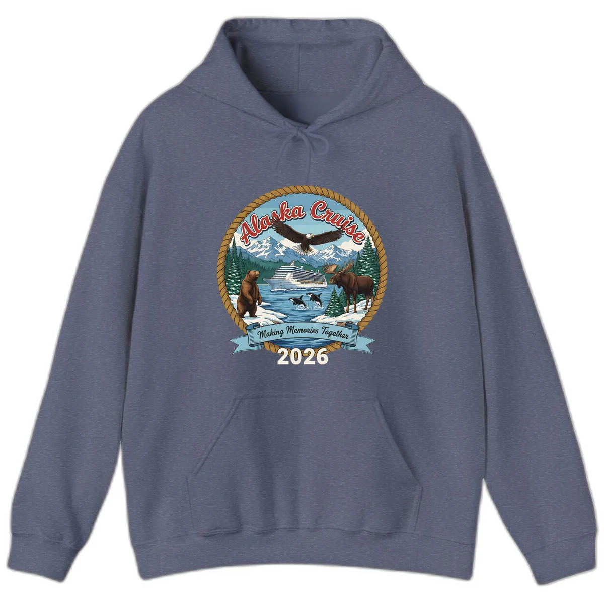 Alaska Cruise Wildlife and Ship 2026 Hoodie in Heather Navy