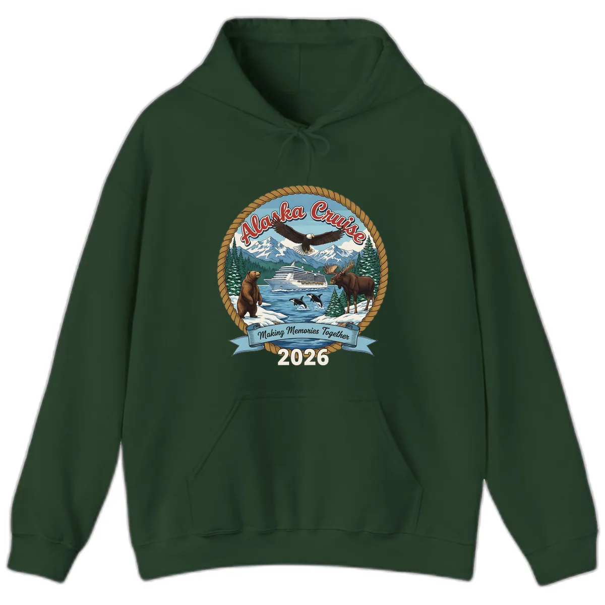 Alaska Cruise Wildlife and Ship 2026 Hoodie in Forest Green