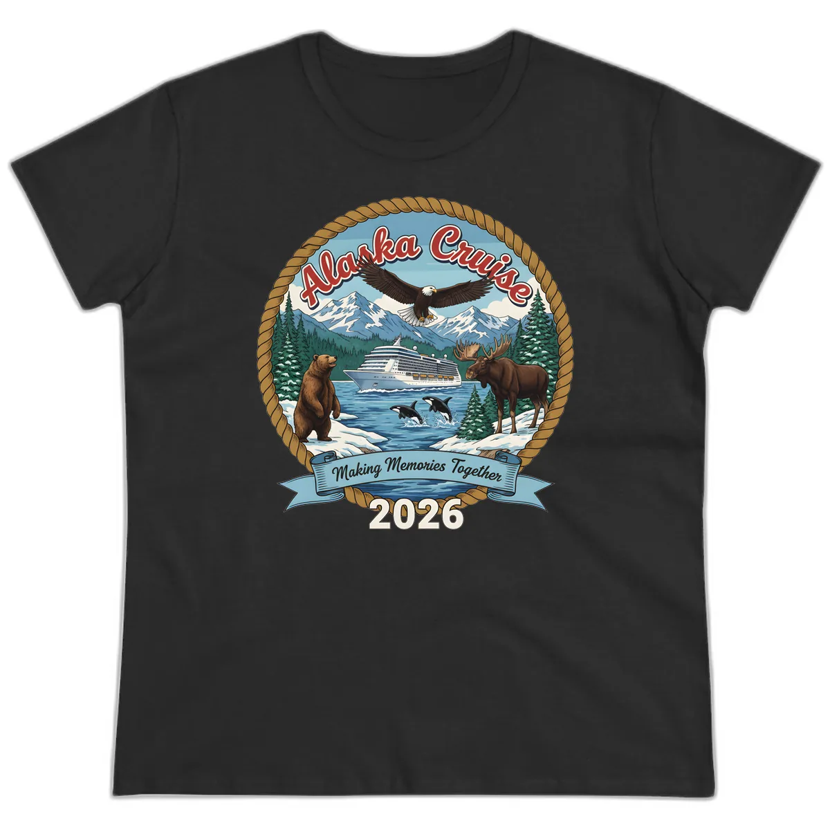 Alaska Cruise Wildlife and Ship 2026 Ladies Tee in Black