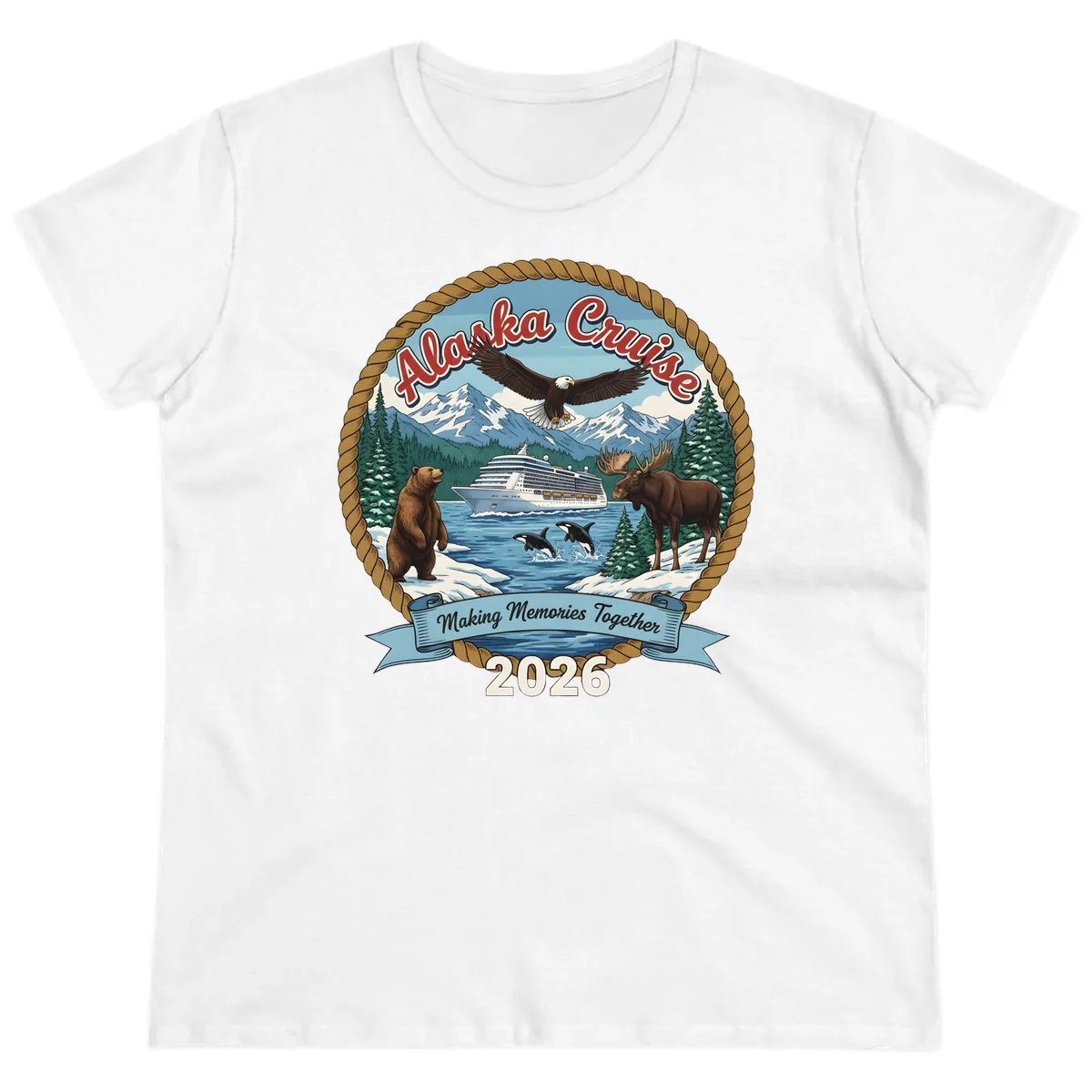 Alaska Cruise Wildlife and Ship 2026 Ladies Tee in White