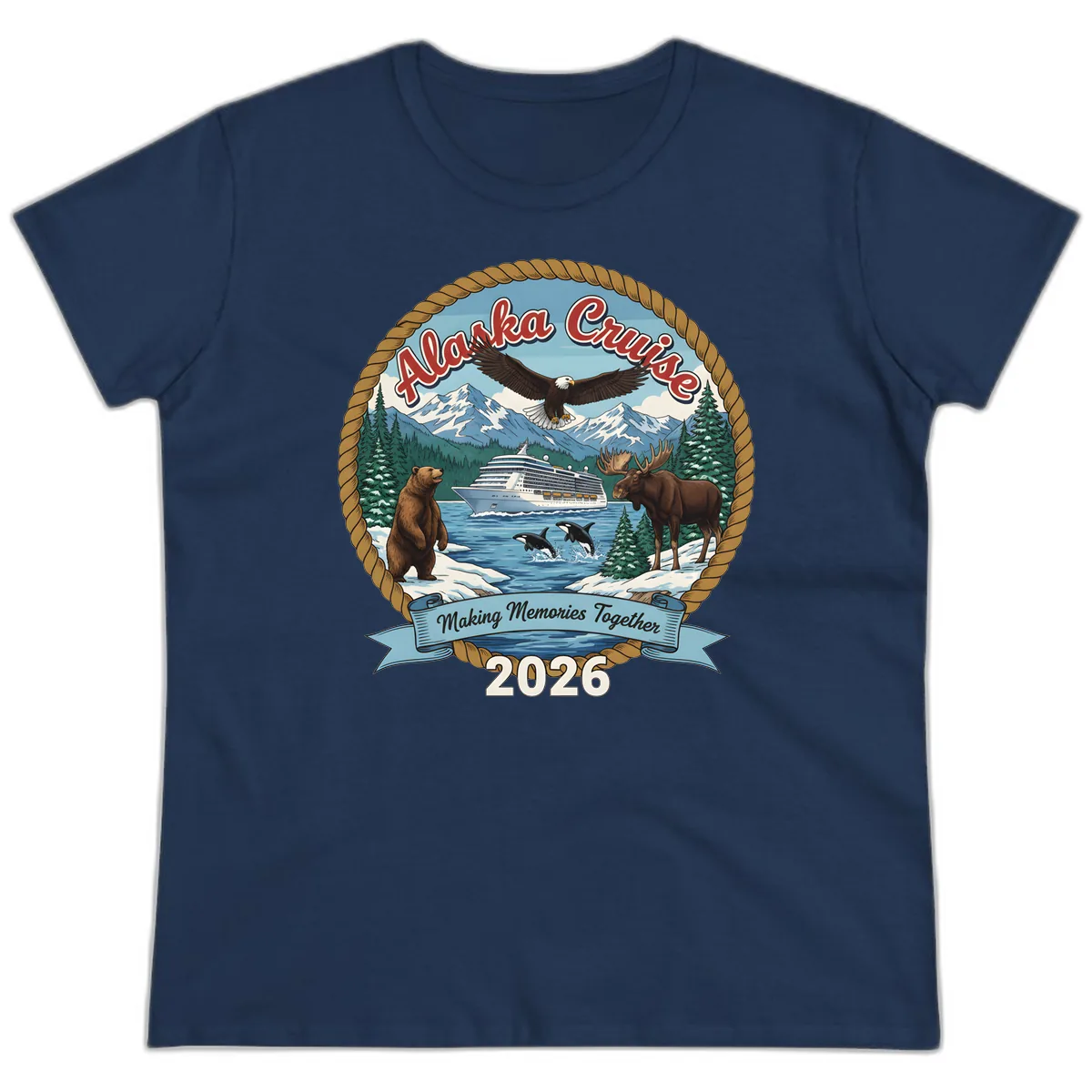 Alaska Cruise Wildlife and Ship 2026 Ladies Tee in Navy