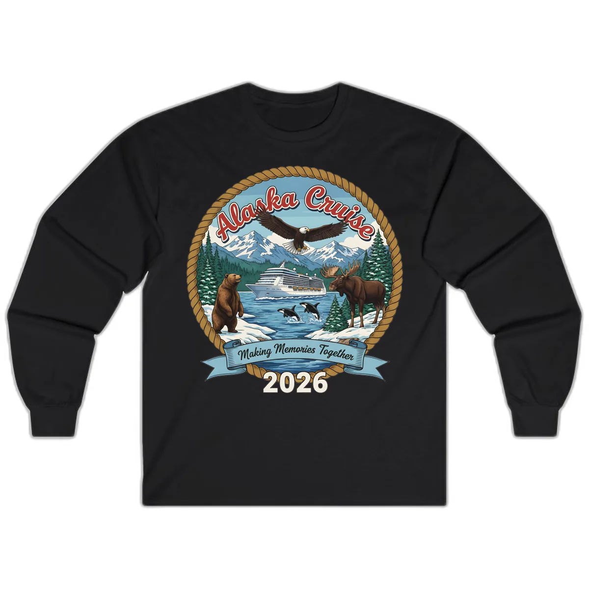 Alaska Cruise Wildlife and Ship 2026 Long Sleeve in Black