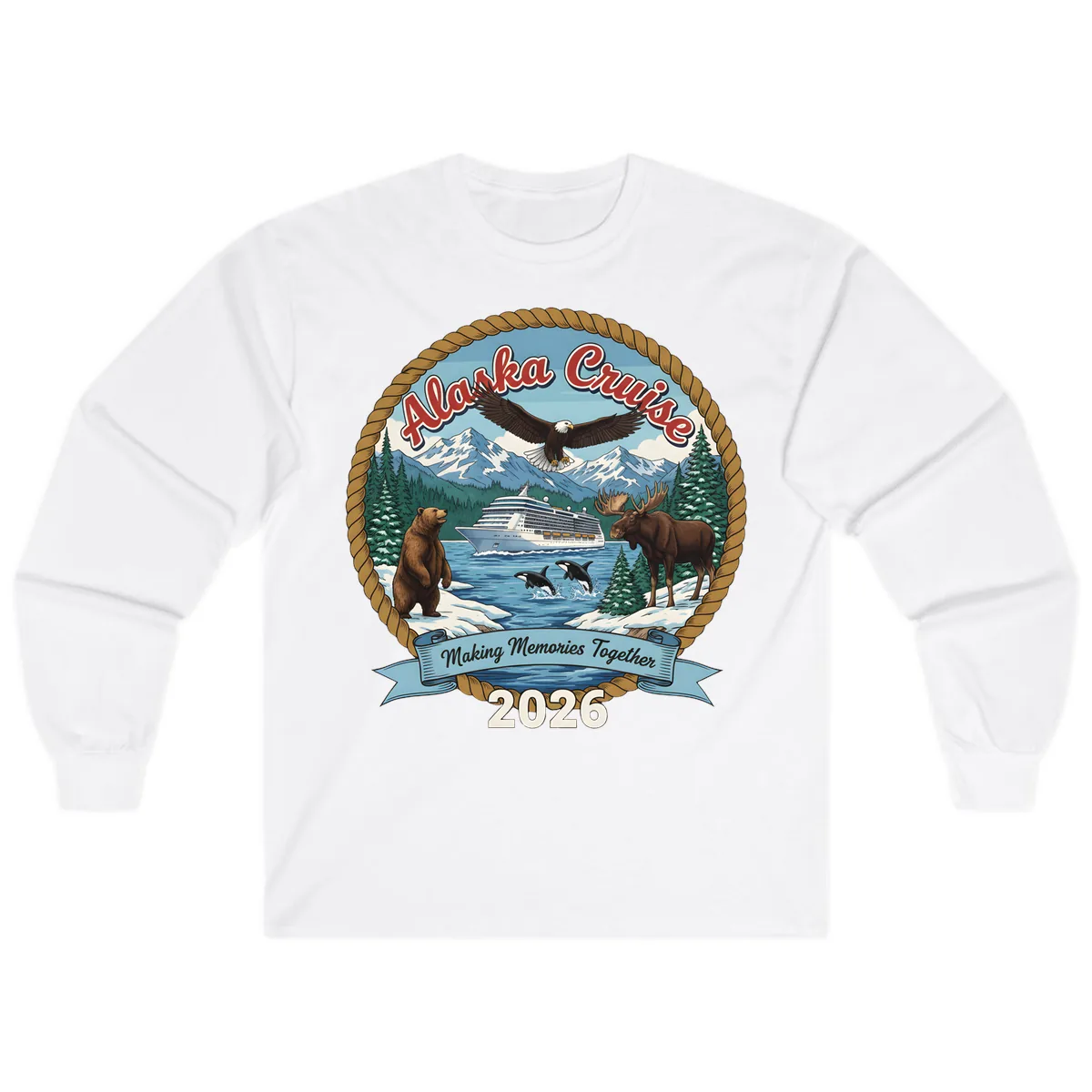Alaska Cruise Wildlife and Ship 2026 Long Sleeve in White