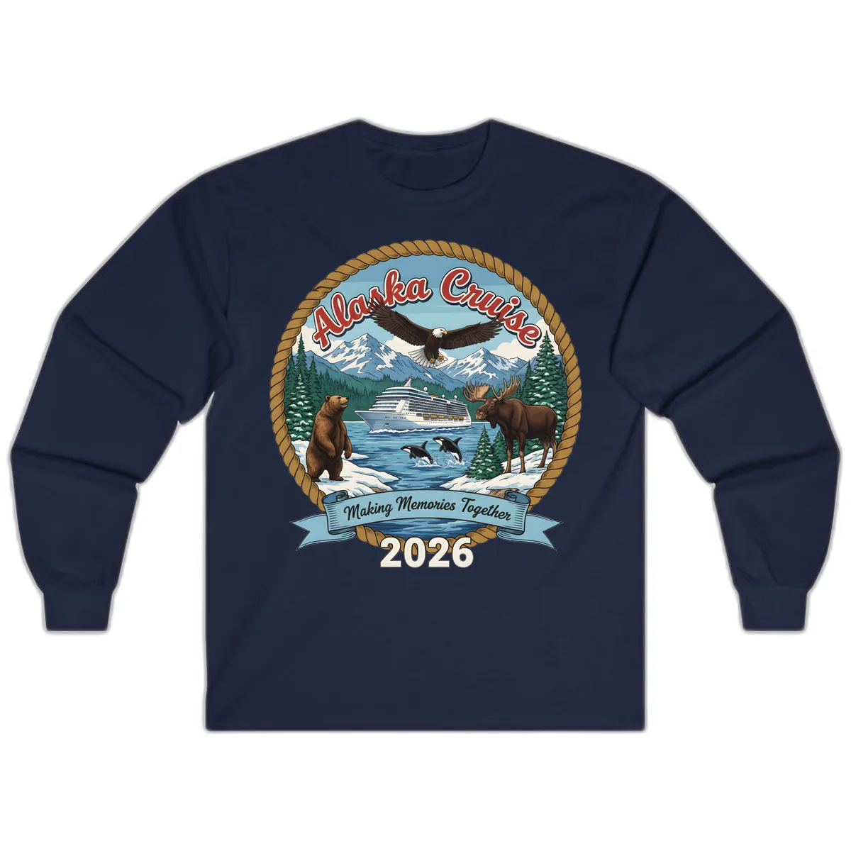 Alaska Cruise Wildlife and Ship 2026 Long Sleeve in Navy