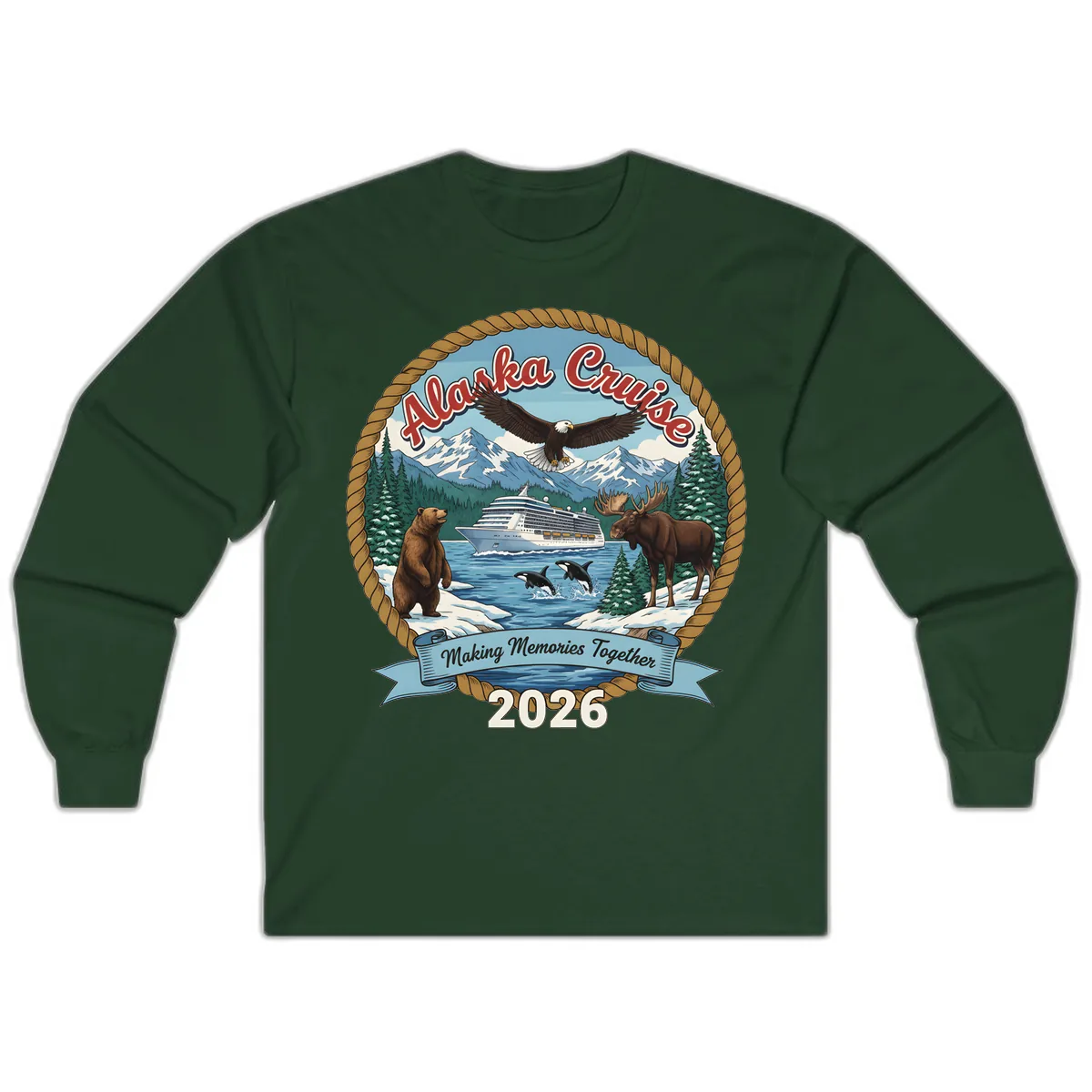 Alaska Cruise Wildlife and Ship 2026 Long Sleeve in Forest Green