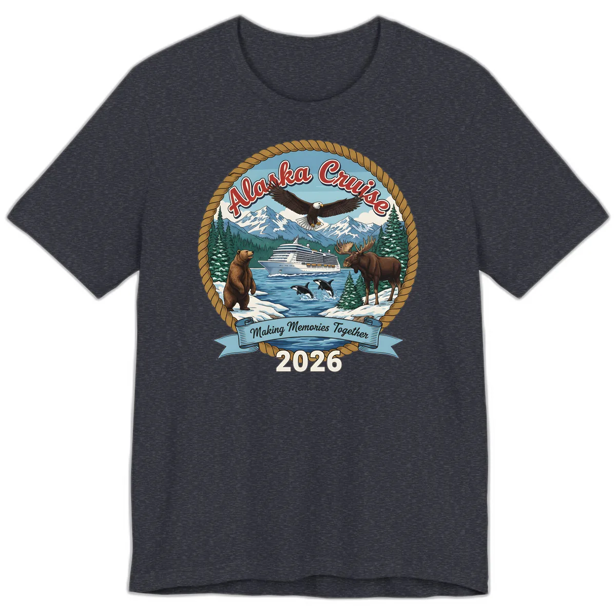 Alaska Cruise Wildlife and Ship 2026 Premium T-Shirt in Heather Navy